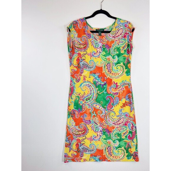 LRL Ralph Lauren Dress Orange Mini Floral Paisley Sheath Stretch Boho Medium - Picture 4 of 10